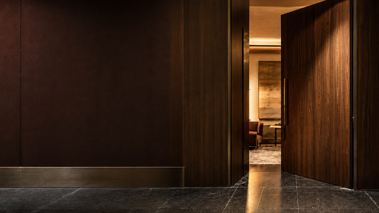 A dark modern private office entrance with warm light beyond