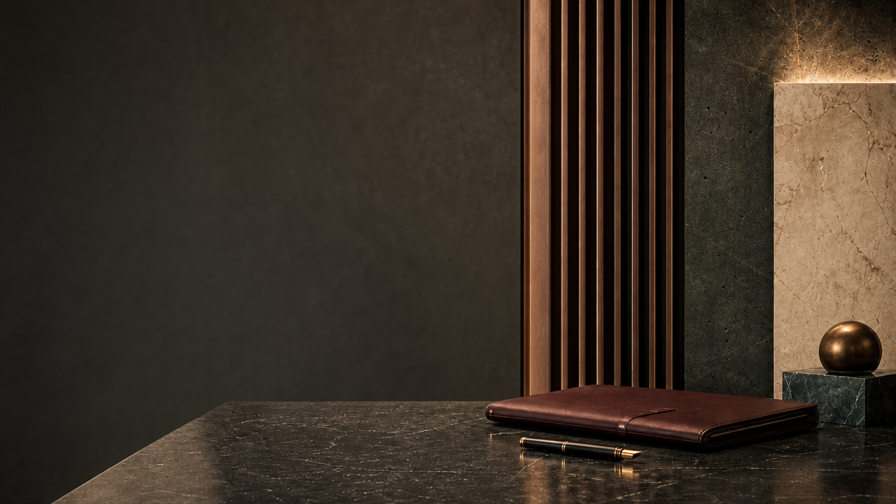 A dark modern office desk with a leather folio and pen