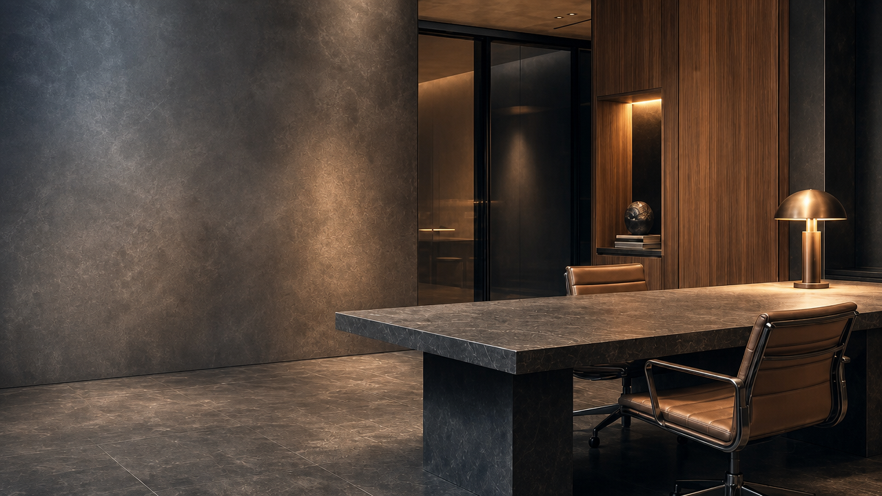 A dark modern advisory office with a stone table and warm task light